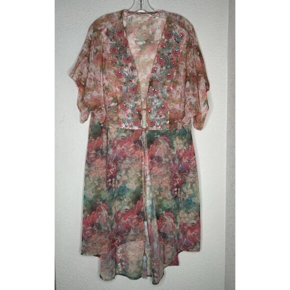 Soft Surroundings Kimono 1X Long Sheer Tassels Tie Front Beaded Embroidered Boho - Picture 1 of 14